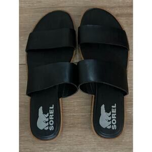 Sorel Ella II Comfy Slide Sandals Womens Sz 7 Black Leather Double Strap Slip On